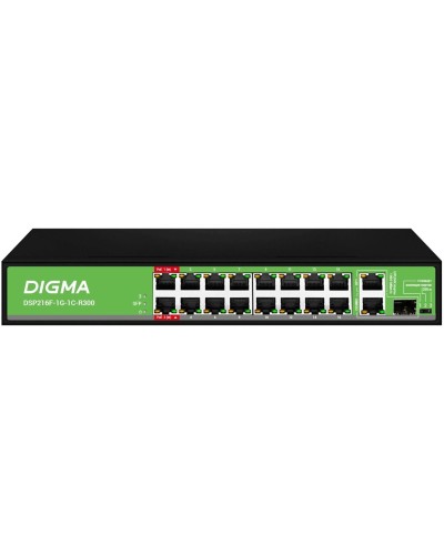 DSP216F-1G-1C-R300 (L2) 16х100Мбит/с 1х1Гбит/с 1хКомбо(1000BASE-T/SFP) 16PoE 16PoE+ 2PoE++ 300W. Коммутатор с питанием по PoE. Digma в Щелково