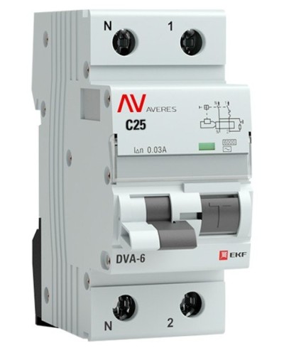 DVA-6 1P+N 25А (C) 30мА (AC) 6кА  AVERES (rcbo6-1pn-25C-30-ac-av). Автоматический выключатель дифференциального тока. EKF в Щелково