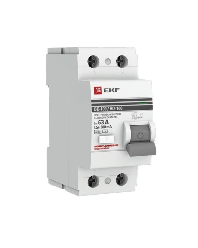 УЗО ВД-100 2P 63А 300мА тип AC эл-мех  PROxima (elcb-2-63-300-em-pro). Выключатель дифференциального тока (УЗО). EKF в Щелково