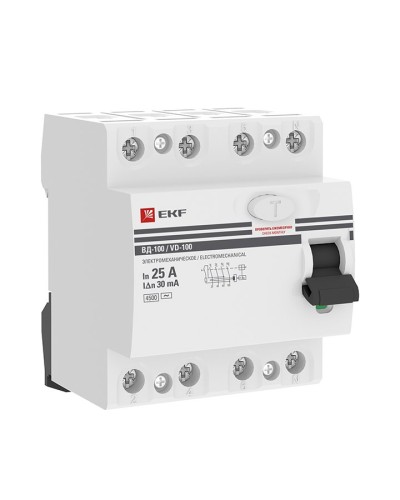 УЗО ВД-100 4P 25А 30мА тип AC эл-мех  PROxima (elcb-4-25-30-em-pro). Выключатель дифференциального тока (УЗО). EKF в Щелково