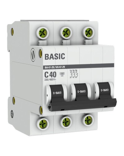 Автоматический выключатель 3P 40А (C) 4,5кА ВА 47-29 Basic (mcb4729-3-40C). Автоматический выключатель. EKF в Щелково