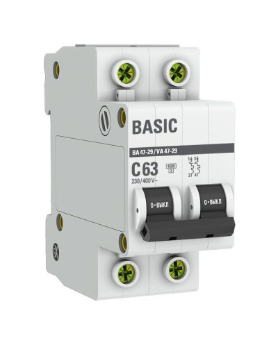 Автоматический выключатель 2P 63А (C) 4,5кА ВА 47-29 Basic (mcb4729-2-63C). Автоматический выключатель. EKF в Щелково