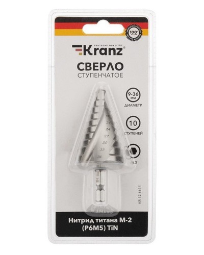 Сверло по металлу ступенчатое ТИТАН 9,0-36,0 мм 110 mm 65 HRC Р6М5 TiN Kranz (KR-12-6614): Сверло по металлу шлифованное в Щелково