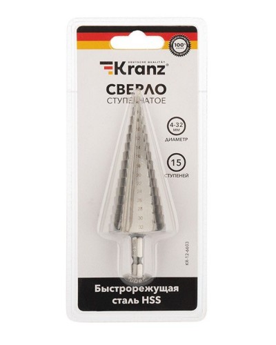 Сверло по металлу ступенчатое 4,0-32,0 мм 102 mm 62 HRC Kranz (KR-12-6603): Сверло по металлу шлифованное в Щелково