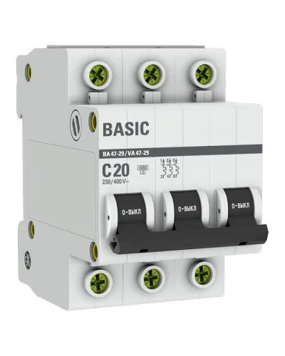 Автоматический выключатель 3P 20А (C) 4,5кА ВА 47-29 Basic (mcb4729-3-20C). Автоматический выключатель. EKF в Щелково