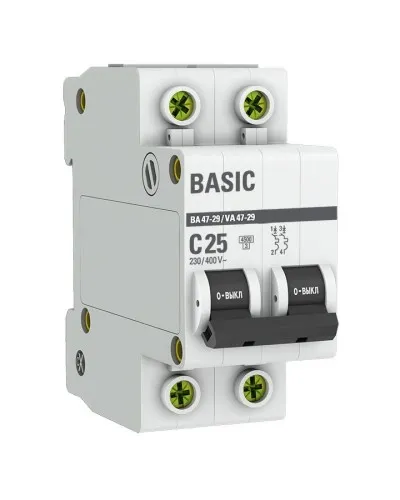 Автоматический выключатель 2P 25А (C) 4,5кА ВА 47-29 Basic (mcb4729-2-25C). Автоматический выключатель. EKF в Щелково